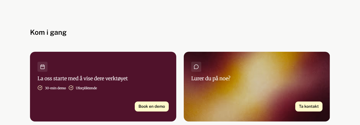Avslutningsseksjonen «Kom i gang» med to kort i plomme og rav