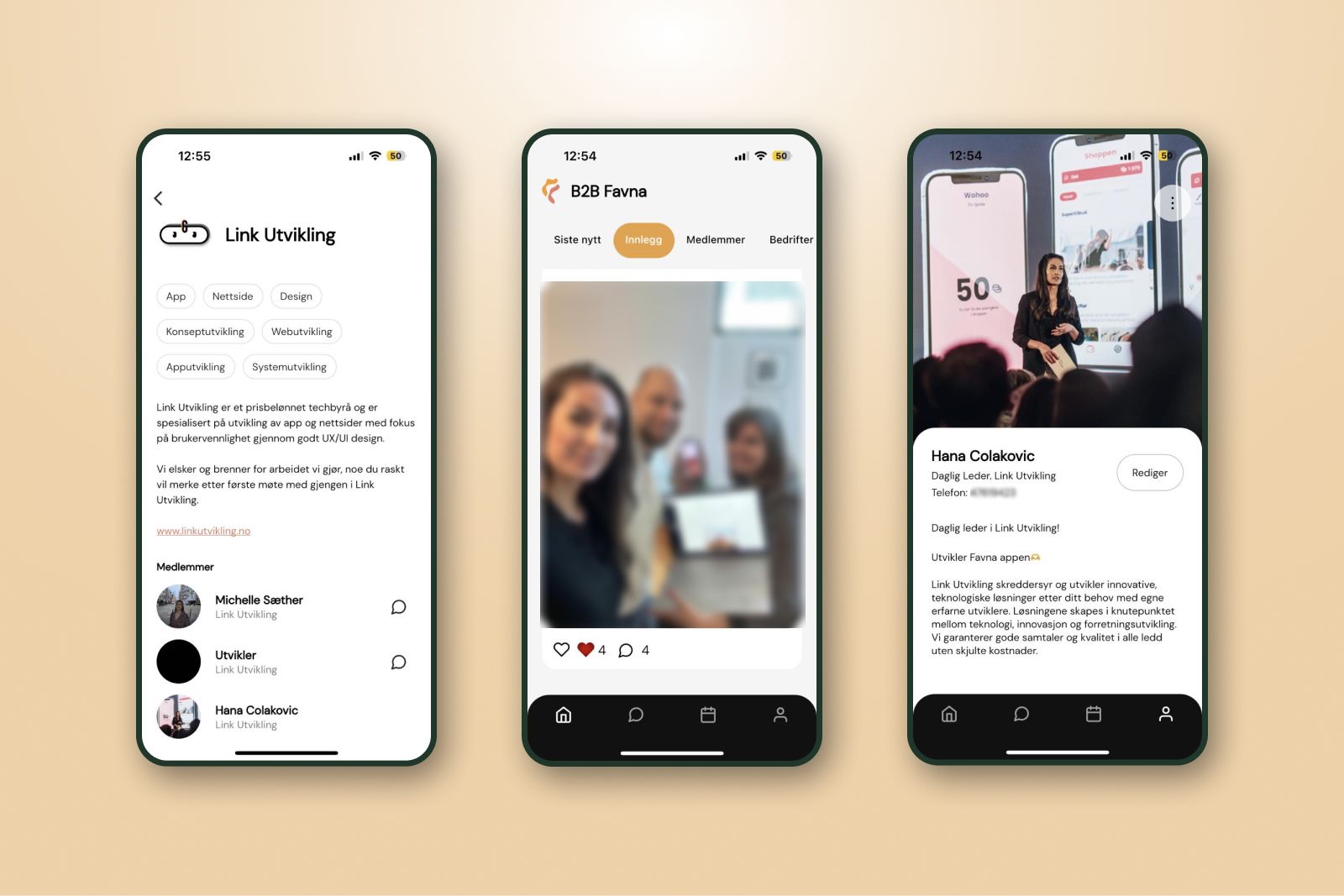 Skjermbilde fra prosjektet Favna - app for B2B nettverk